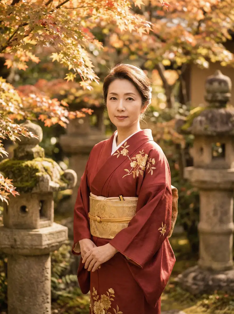 一位身穿暗红色和服的优雅 韩国女主播 在日式庭院中