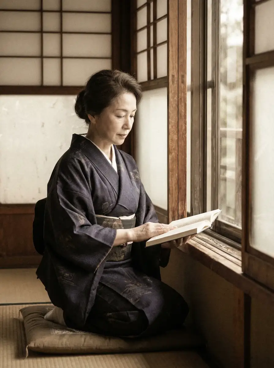 一位优雅的五十岁 韩国女主播 身穿深蓝色和服，在窗边静读